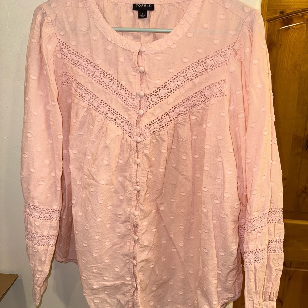 Torrid Light Pink Textured Polka Dot Blouse - Size 1